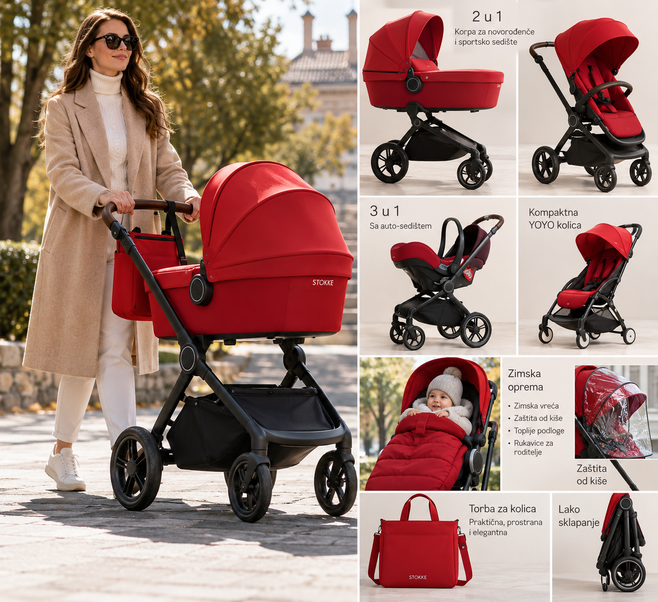 crvena Stokke kolica, Stokke kolica za bebe, Stokke kolica 2 u 1